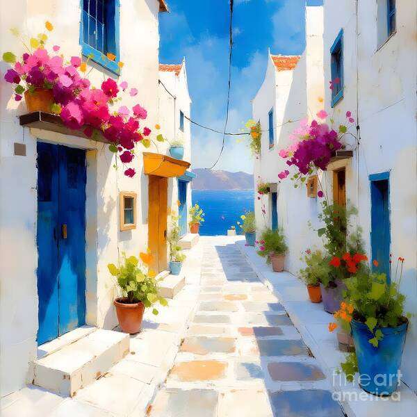 Mediterranean Art Print featuring the digital art Wandering through the streets of Santorini by Jennifer Van Niekerk