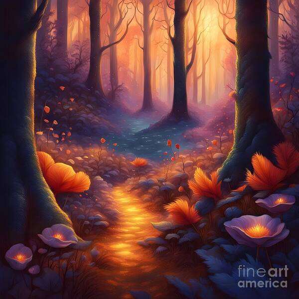 Forest Art Print featuring the digital art Warm Glowing Mystical Forest Path by Jennifer Van Niekerk
