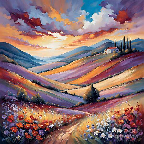 Landscape Art Print featuring the digital art Warm Landscape Covered in Flowers by Jennifer Van Niekerk