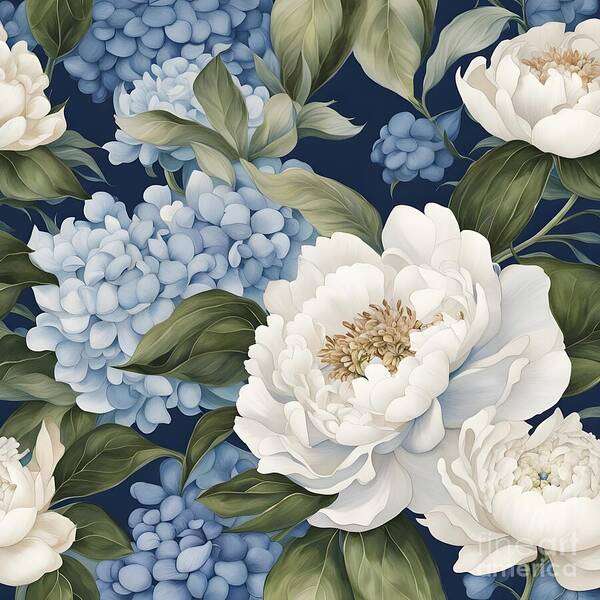 Floral Art Print featuring the digital art White Peonies and blue Hydrangea by Jennifer Van Niekerk