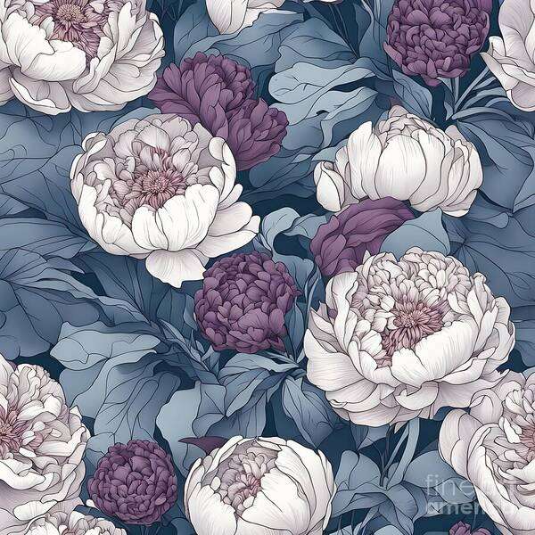 Flowers Art Print featuring the digital art White Peonies with Purples and Muted Blues by Jennifer Van Niekerk