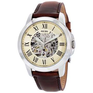 Fossil Grant Automatic Beige Skeleton Dial Brown Leather Men's Watch
