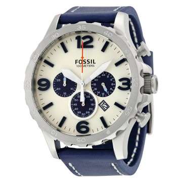 Fossil Nate Chronograph Beige Dial Navy Blue Leather Men's Watch