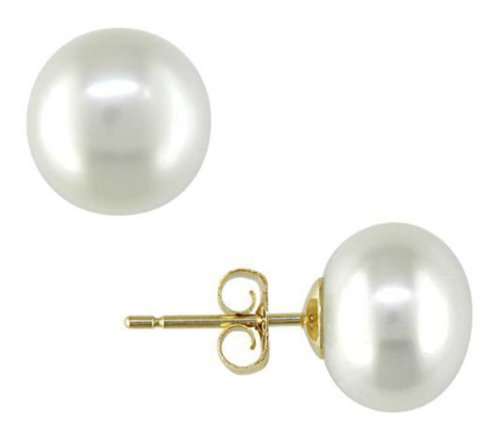 14k Yellow Gold Pearl Earrings with Classic Freshwater Cultured Button Pearls (Stud Earrings, Pearls