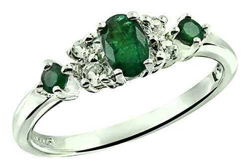 0.54 Carat Natural Emerald with White Topaz Rhodium-Plated 925 Sterling Silver Ring