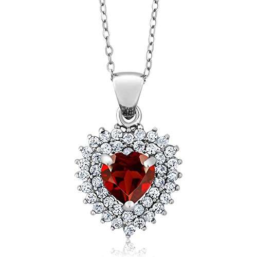 Sterling Silver Heart Shape Genuine Red Garnet Gemstone Birthstone Pendant necklace ( 2.47 cttw, Wit