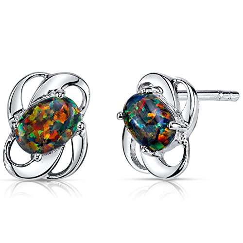 Created Black Opal Earrings Sterling Silver Oval Shape 1.50 Carats