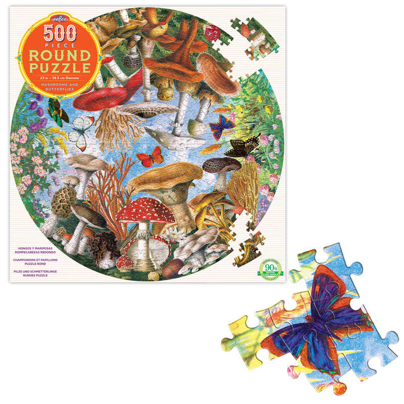eeBoo Mushrooms and Butterflies 500pc Round Puzzle- Clearance Stock