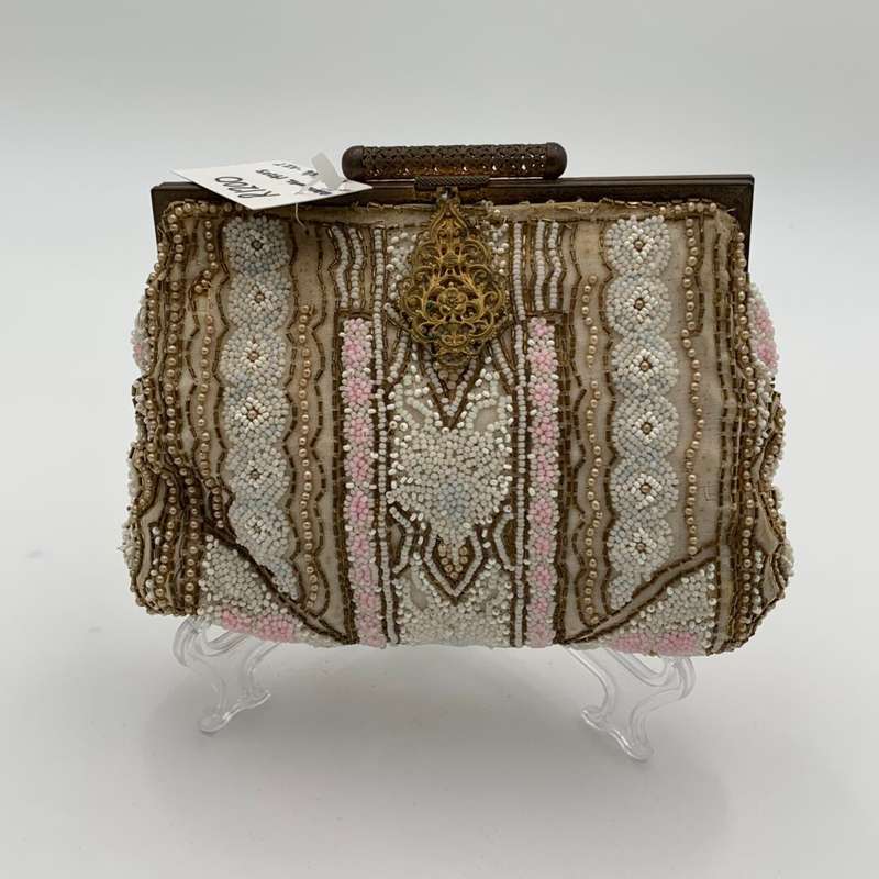 Vintage 1920 Beige and Pink Beaded Clutch Bag
