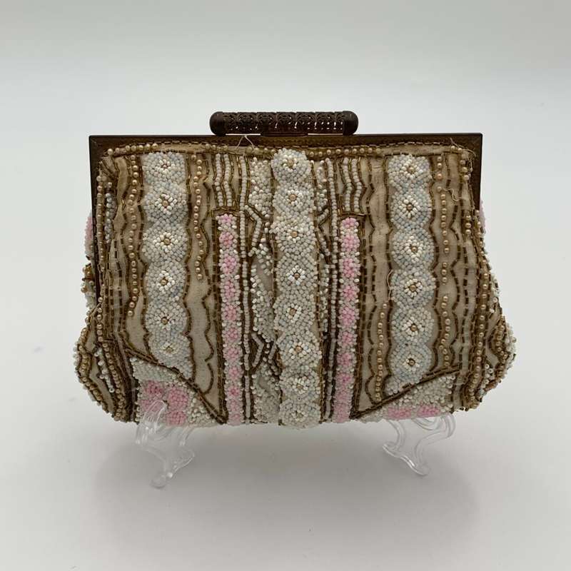 Vintage 1920 Beige and Pink Beaded Clutch Bag