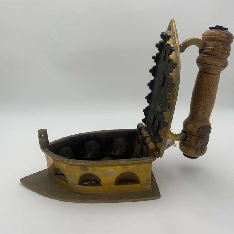 Large Brass Iron with Wooden Handle