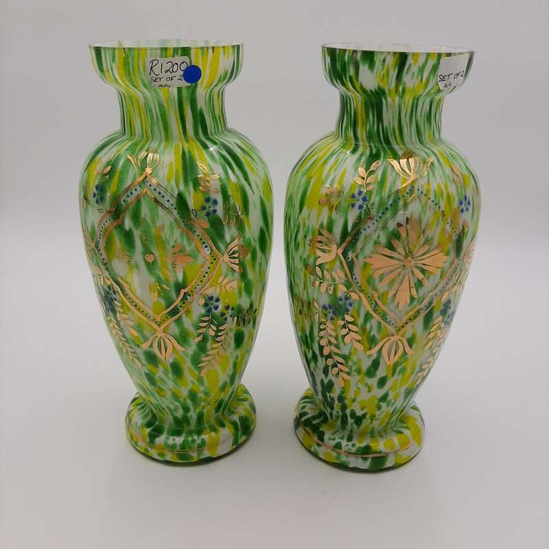 Set of Two Yellow and Green Vases with Gold Details