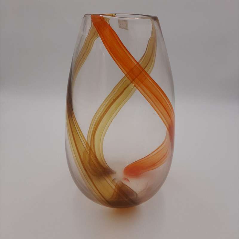 Clear Glass Large Vase with Orange and Yellow Swirls