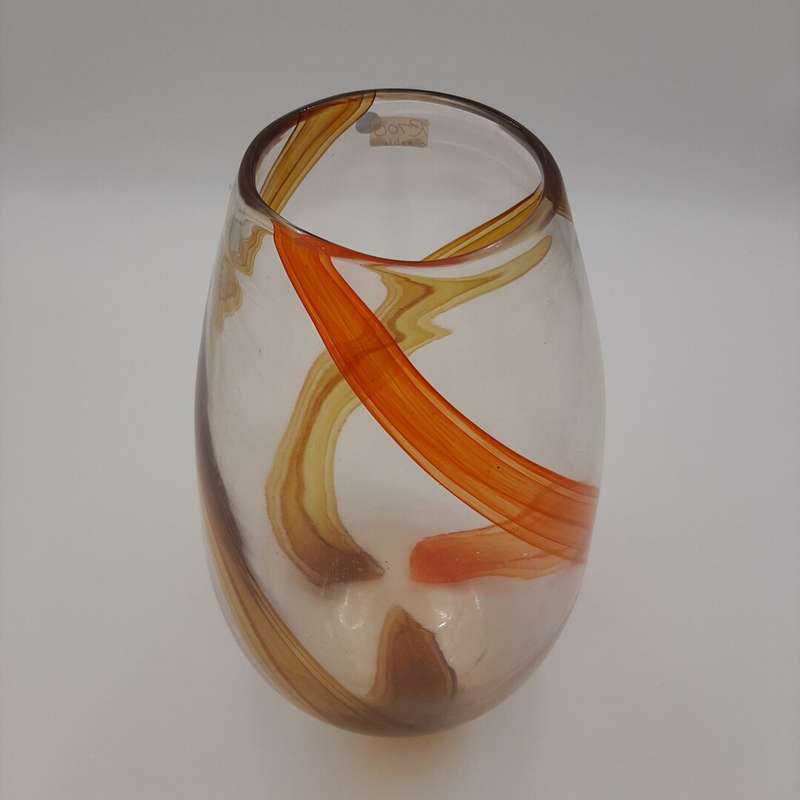 Clear Glass Large Vase with Orange and Yellow Swirls