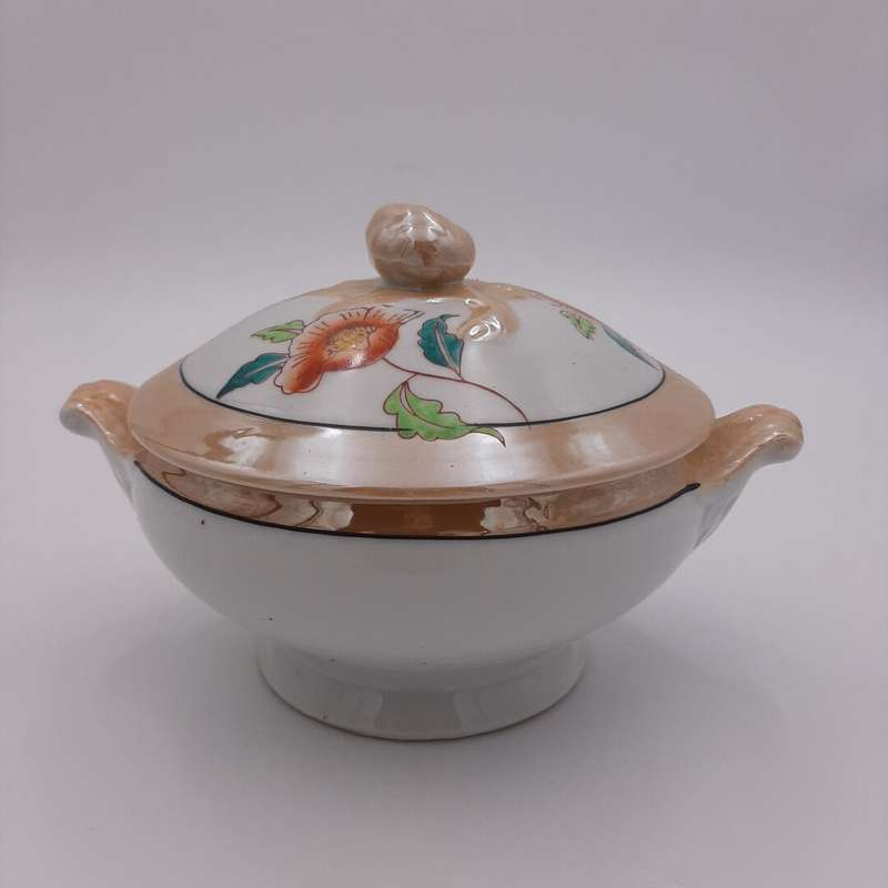"H&S" White and Beige Pot with Flowers