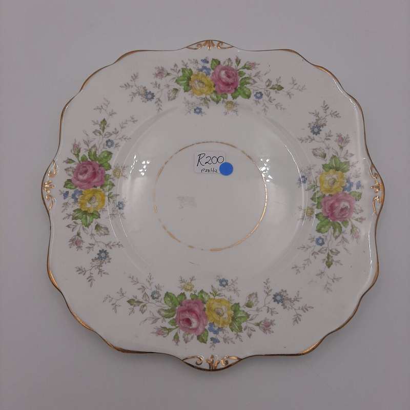 "Guaranteed English" Cake Plate with Pink and Yellow Flowers