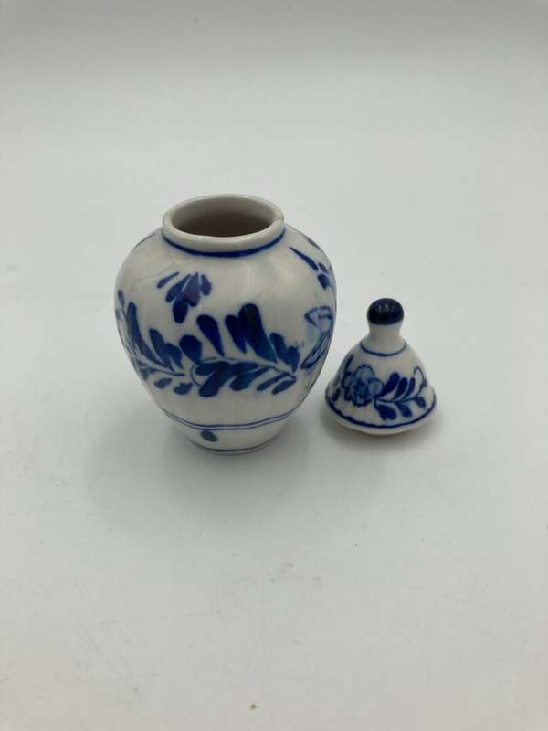 Miniature Blue and White Vase With Lid