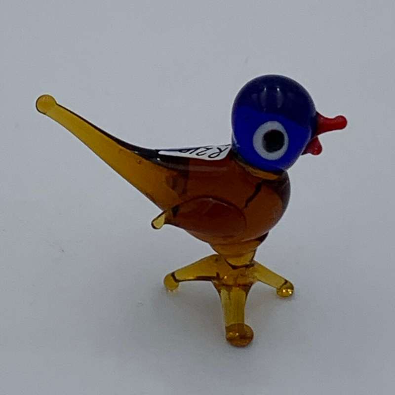 Miniature Orange Glass Chicken with Blue Head and Red Beak