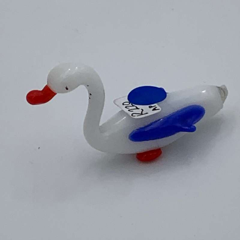 Miniature White Glass Goose with Blue Wings and Red Beak