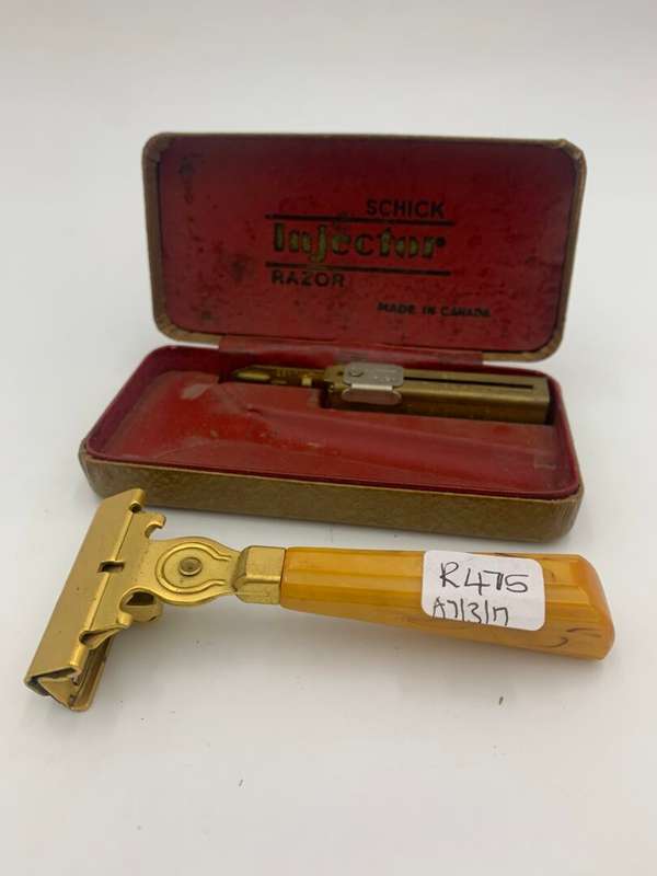 Vintage Schick Injector Razor with Butterscotch Bakelite Handle and Original Case