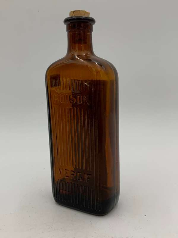 Vintage Poison Amber Glass Medical Bottle With Carbon Label