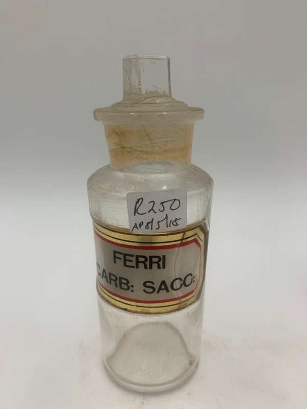 Antique Glass Apothecary Bottle with Lid - FERRI: CARB: SACC: