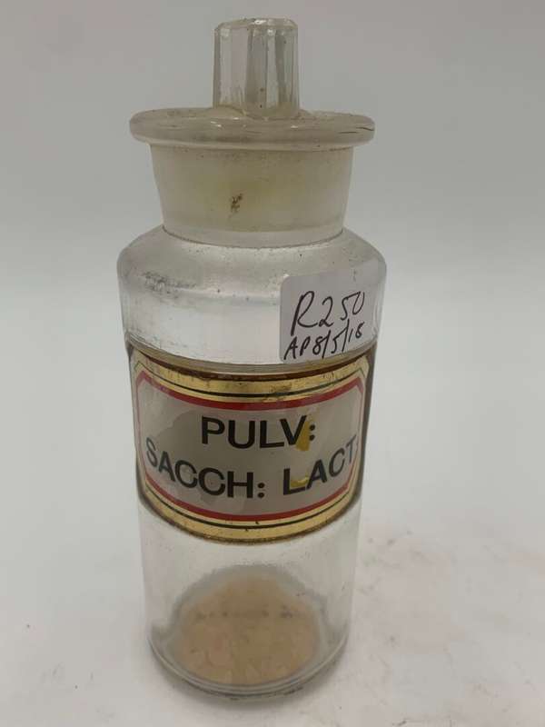 Antique Glass Apothecary Bottle with Lid -PULV: SACCH: LACT: