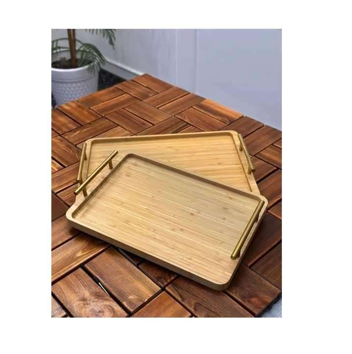 Wooden Serving Trays Set Of 3 with Gold Handles