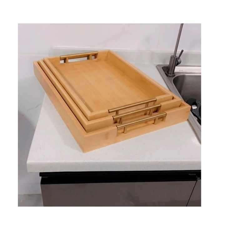 Wooden Serving Trays Set Of 3 with Gold Handles