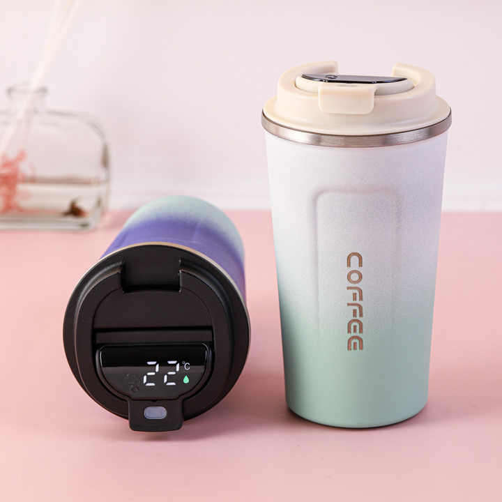 Portable Double Walled Stainless Steel Vacuum Frosted Coffee Tumbler Cup Intelligent Temperature Dis