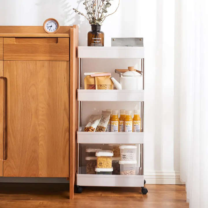 Four Layer Plastic Narrow Kitchen Corner Saves Space Plastic Rack Detachable with Wheels