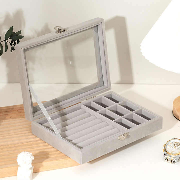 Velvet Transparent Glass Dustproof Rings Earrings Necklaces Jewelry Storage Jewelry Display Box
