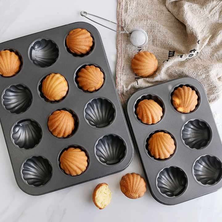 12 Cavity Non-Stick Carbon Steel Bakeare Shell Shaped Cake Baking Mold and Round Madeleine Pan Mold