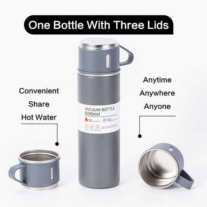 Travel Coffee Tea Thermos Vacuum Flask 500ml Stainless Steel Water Bottle Gift Set with 3 Lids