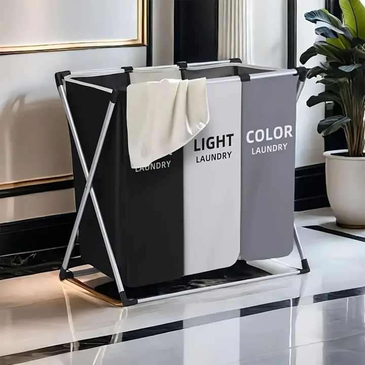 2 3 Compartment Lightweight Foldable Collapsible Oxford Fabric Laundry Storage Basket Moisture-Proof