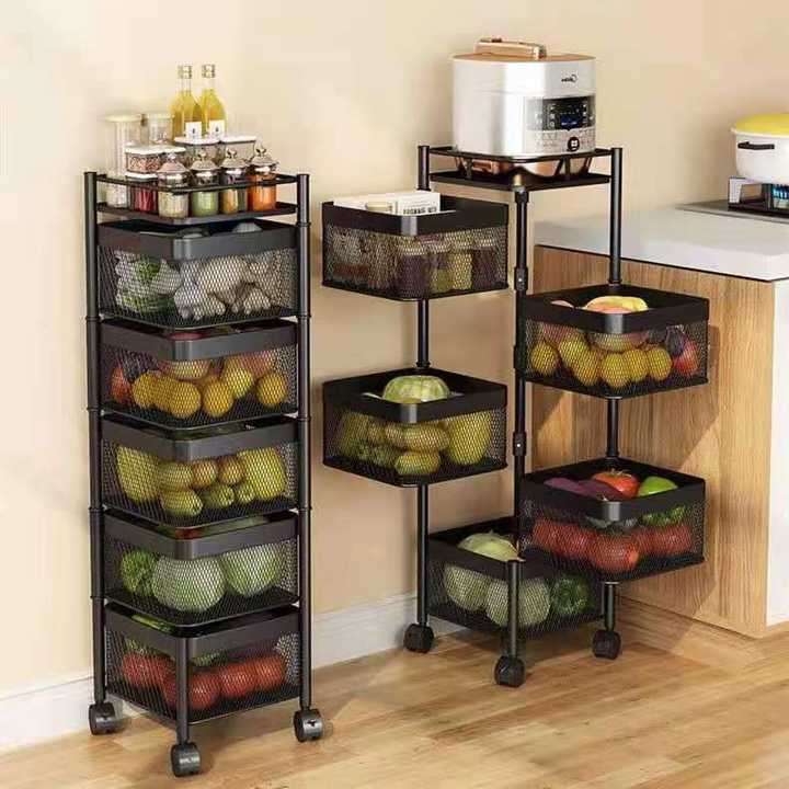 Multilayer Rotating Baskets Rack Storage Rack Shelf Vegetable Fruit Basket Kitchen Trolley Cart