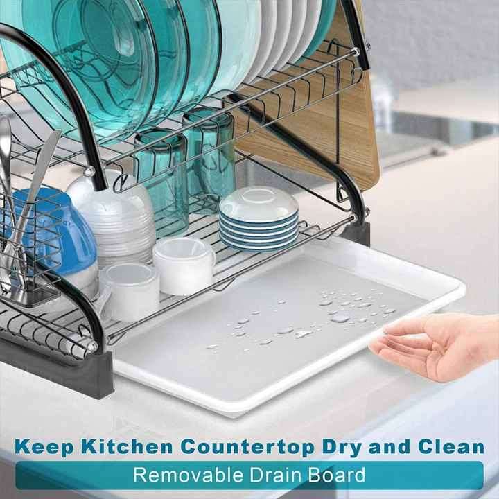 Kitchen Metal Iron 2 Tier Dish Rack with Utensil Holder Cup Holder Dish Drainer for Kitchen Counter