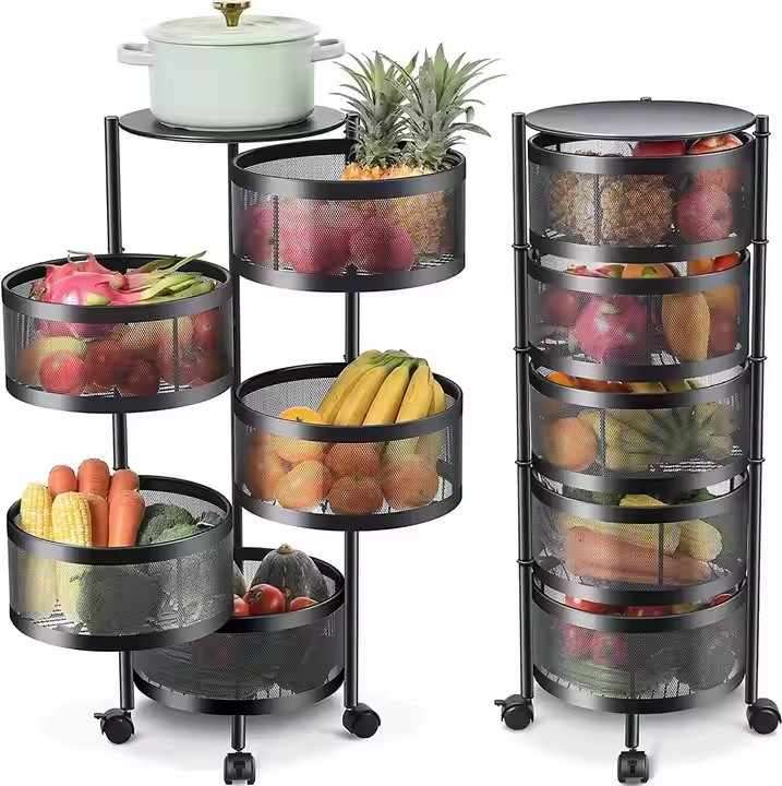Multi-functional Floor-Mounted Kitchen Storage Cage Rotatable Vegetable & Fruit Rack Multi-Layered E