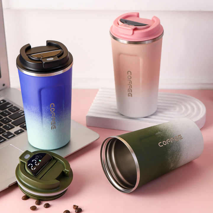 Portable Double Walled Stainless Steel Vacuum Frosted Coffee Tumbler Cup Intelligent Temperature Dis