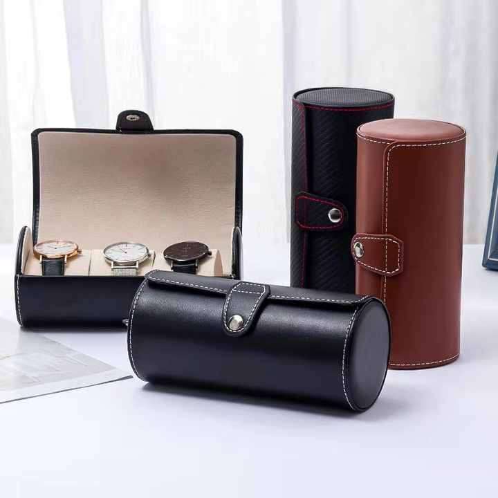 Cylinder Travel Portable Watch Tie Storage Box Three-position Watch Box Leather Jewelry Display Gift