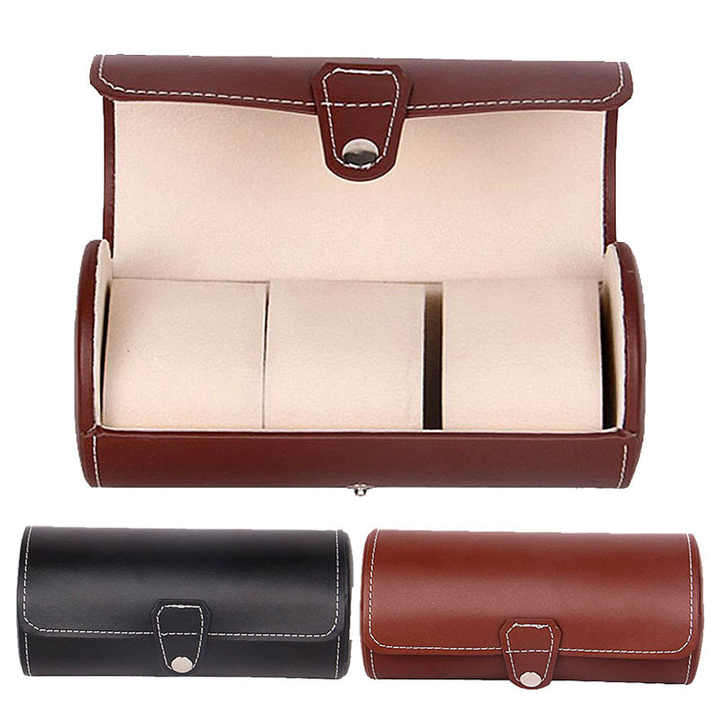 Cylinder Travel Portable Watch Tie Storage Box Three-position Watch Box Leather Jewelry Display Gift
