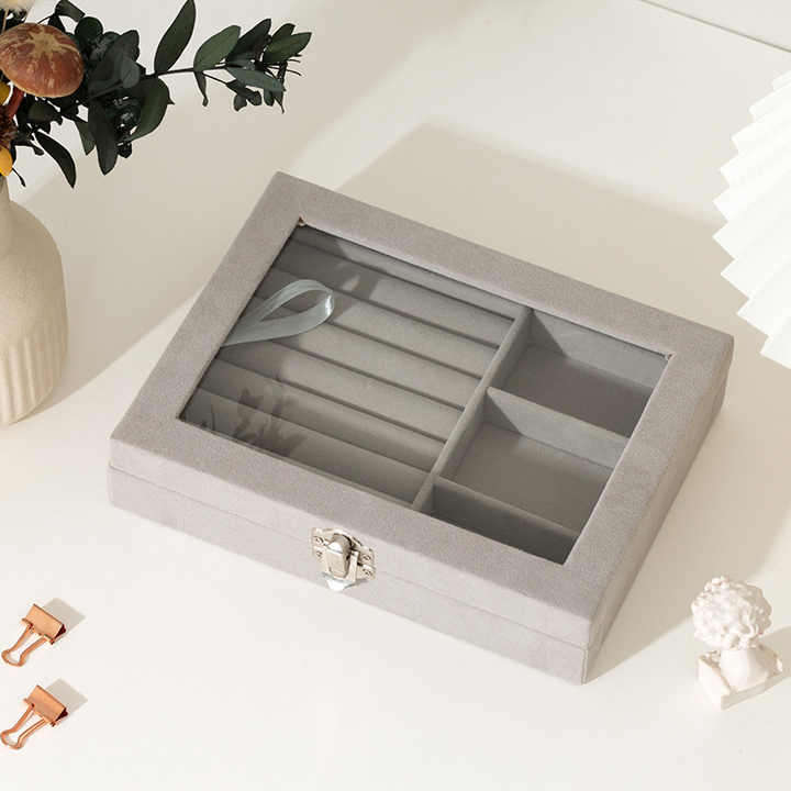 Velvet Transparent Glass Dustproof Rings Earrings Necklaces Jewelry Storage Jewelry Display Box