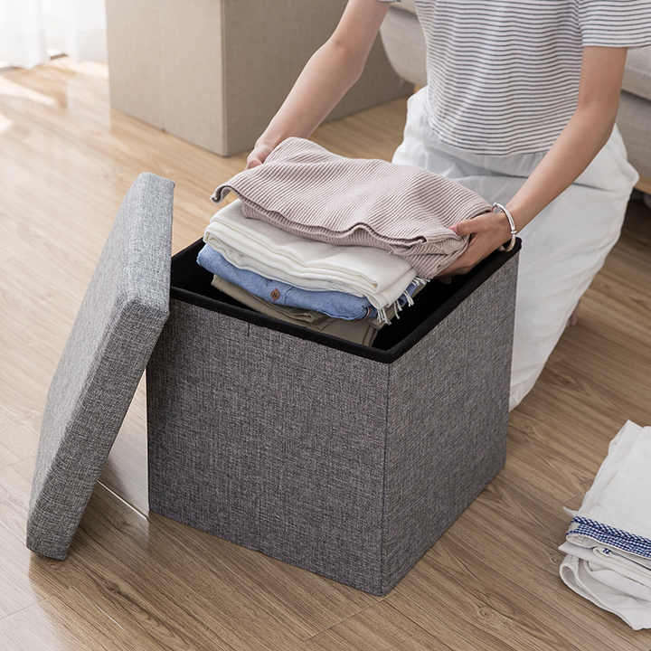 Space-Saving Linen Fabric Clothing Storage Ottoman Bench Foldable Seat Footrest Shoe Bench End of Be
