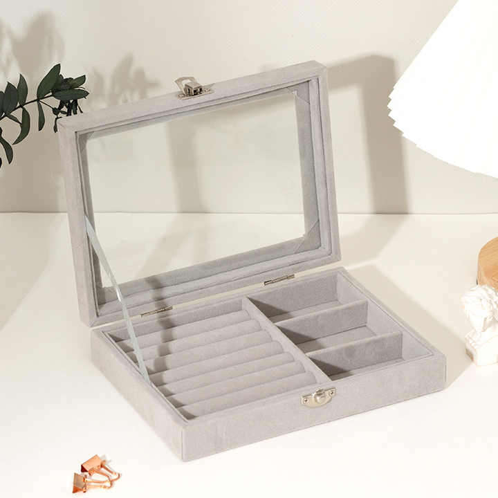 Velvet Transparent Glass Dustproof Rings Earrings Necklaces Jewelry Storage Jewelry Display Box