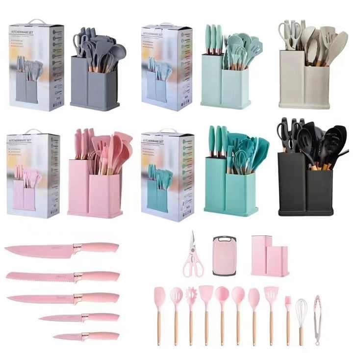 19-piece Set of Silica Gel Kitchen Utensil Set With Wooden Handle and Cuttings Board Storage Bucket