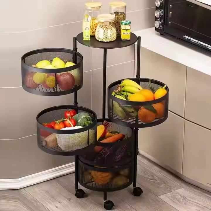 Multi-functional Floor-Mounted Kitchen Storage Cage Rotatable Vegetable & Fruit Rack Multi-Layered E