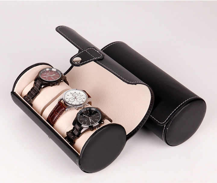 Cylinder Travel Portable Watch Tie Storage Box Three-position Watch Box Leather Jewelry Display Gift