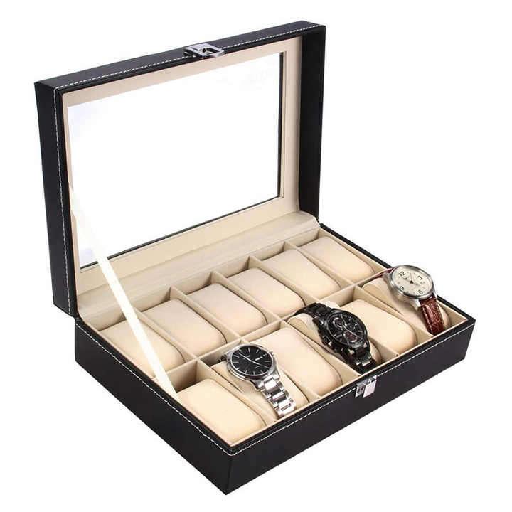 12 Slots Leather Transparent Watch Display Box for Stores Watch case with Pillows