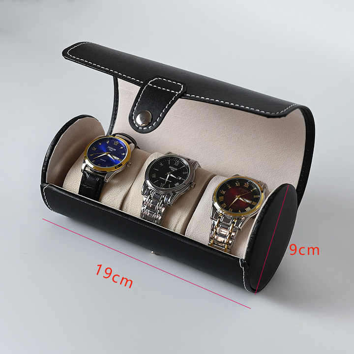 Cylinder Travel Portable Watch Tie Storage Box Three-position Watch Box Leather Jewelry Display Gift