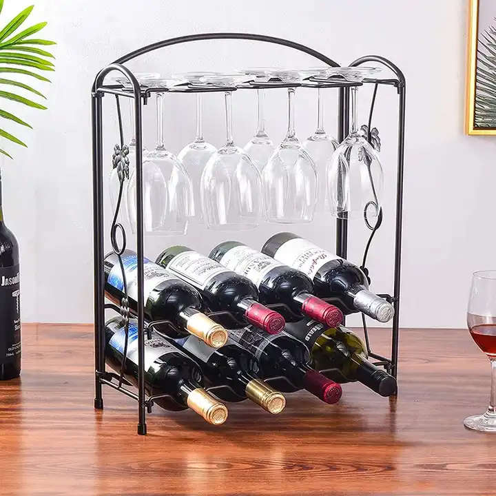 Black Metal Storage Countertop Decoration Glass Holder Bar Red Wine Rack